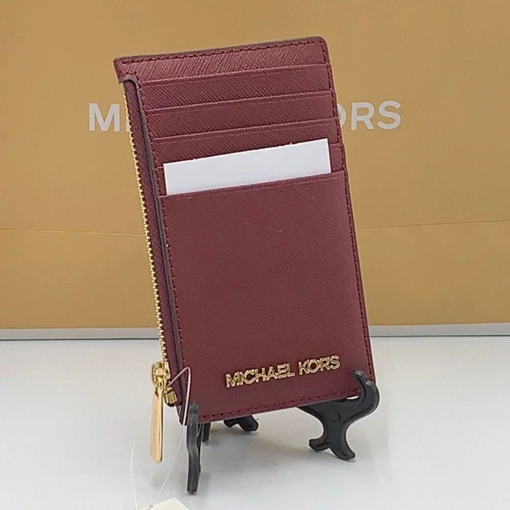 Michael Kors Jet Set Travel Medium Top Zip Card Case Wallet Dark Sherry color
